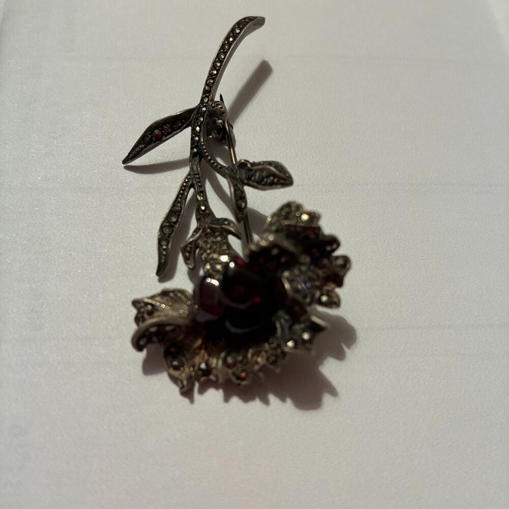 Vintage Marcasite Pin set in sterling silver with 3 semi-precious stones.
